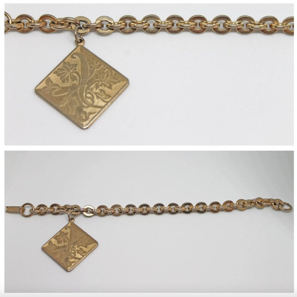 Vintage Light Gold Flat Edge Cable Chain Bracelet with Diamond Shaped Leaf Charm - Picture 6 of 8